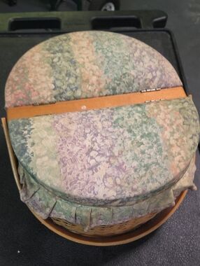 Vintage Floral Round Sewing Basket with Pastel Green and Lavender Fabric Lid